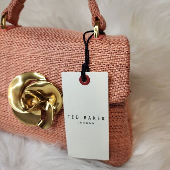 Ted Baker Pink Poppy Golden Rose Flower Woven Evening Bag Top Handle Crossbody - Picture 3 of 10